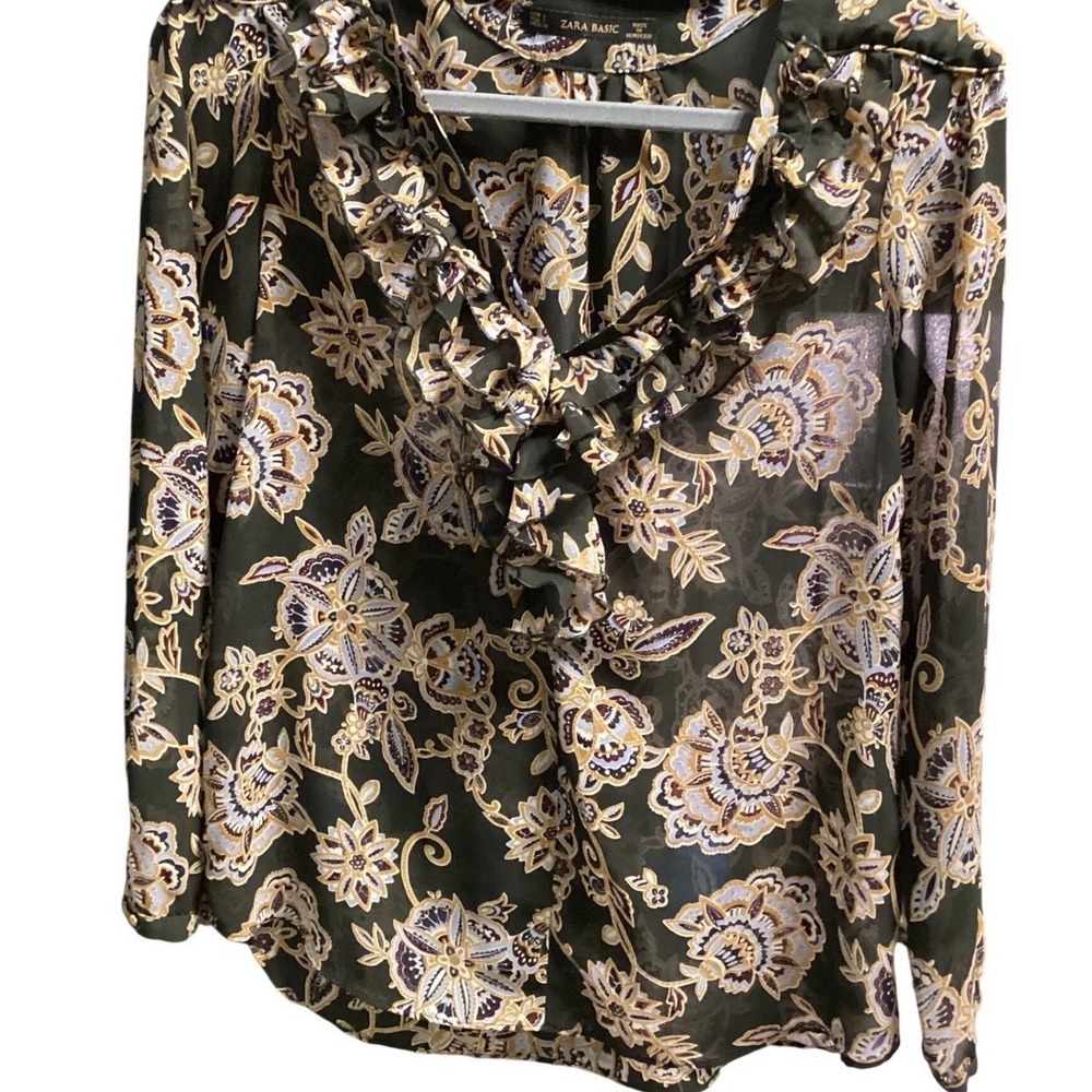 ZARA BASIC Floral Ruffle Neck Long Sleeve‎ Sheer Blouse Gray S